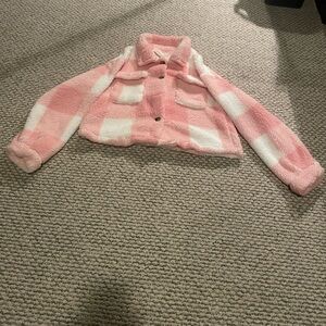 SHEIN Pink Buffalo Plaid Sherpa Shacket